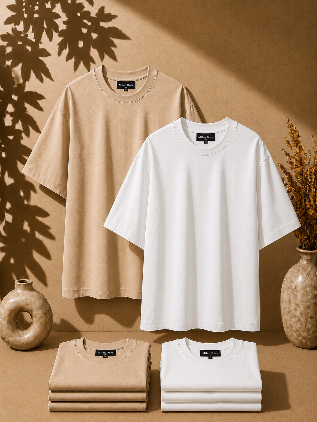 2 Adet Erkek Oversize %100 Pamuk Bej T-Shirt