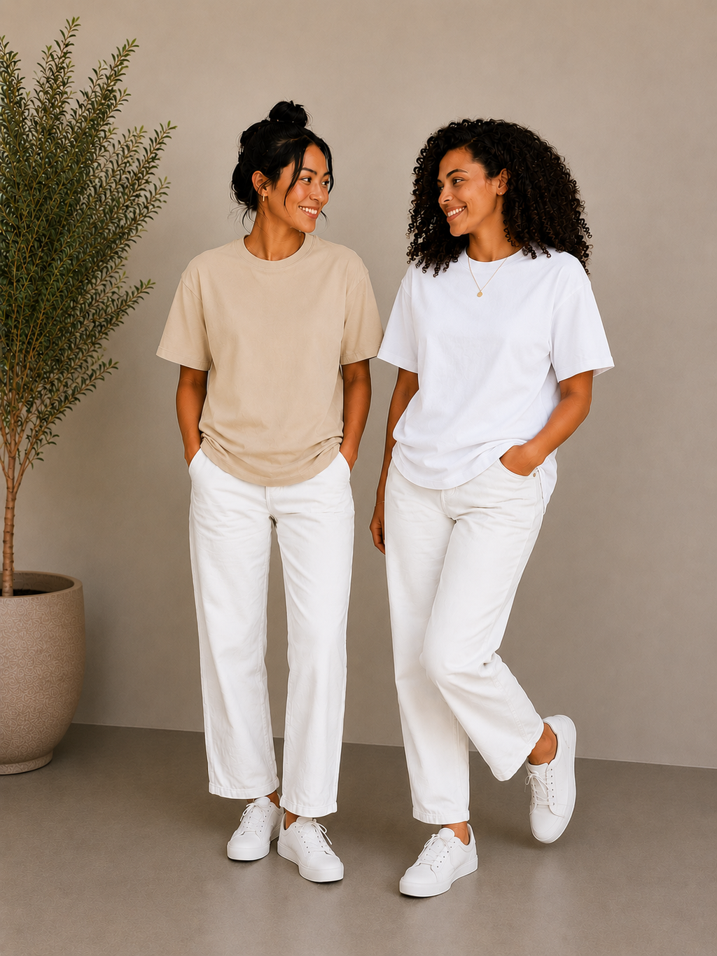 2 Adet Kadın Oversize Bej %100 Pamuk T-Shirt