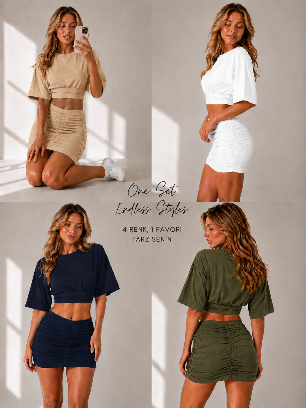 4 Adet Set Kadın Yarasa Kol %100 Pamuk T-Shirt