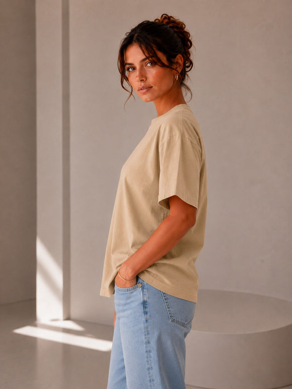 Kadın Oversize Bej %100 Pamuk T-Shirt