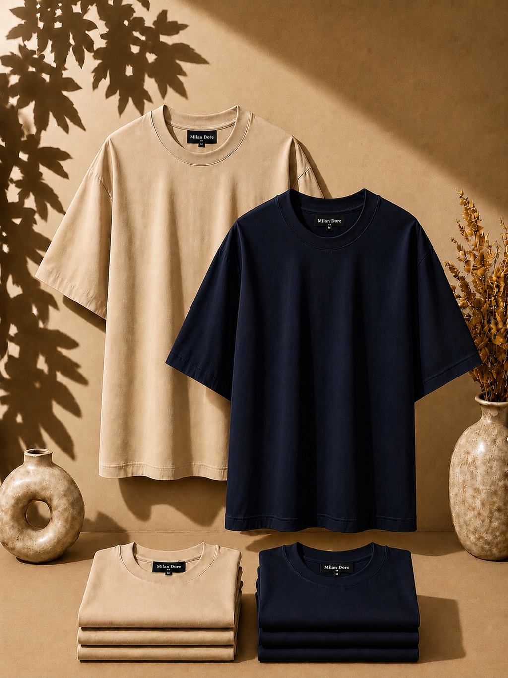 2 Adet Erkek Oversize %100 Pamuk Bej T-Shirt
