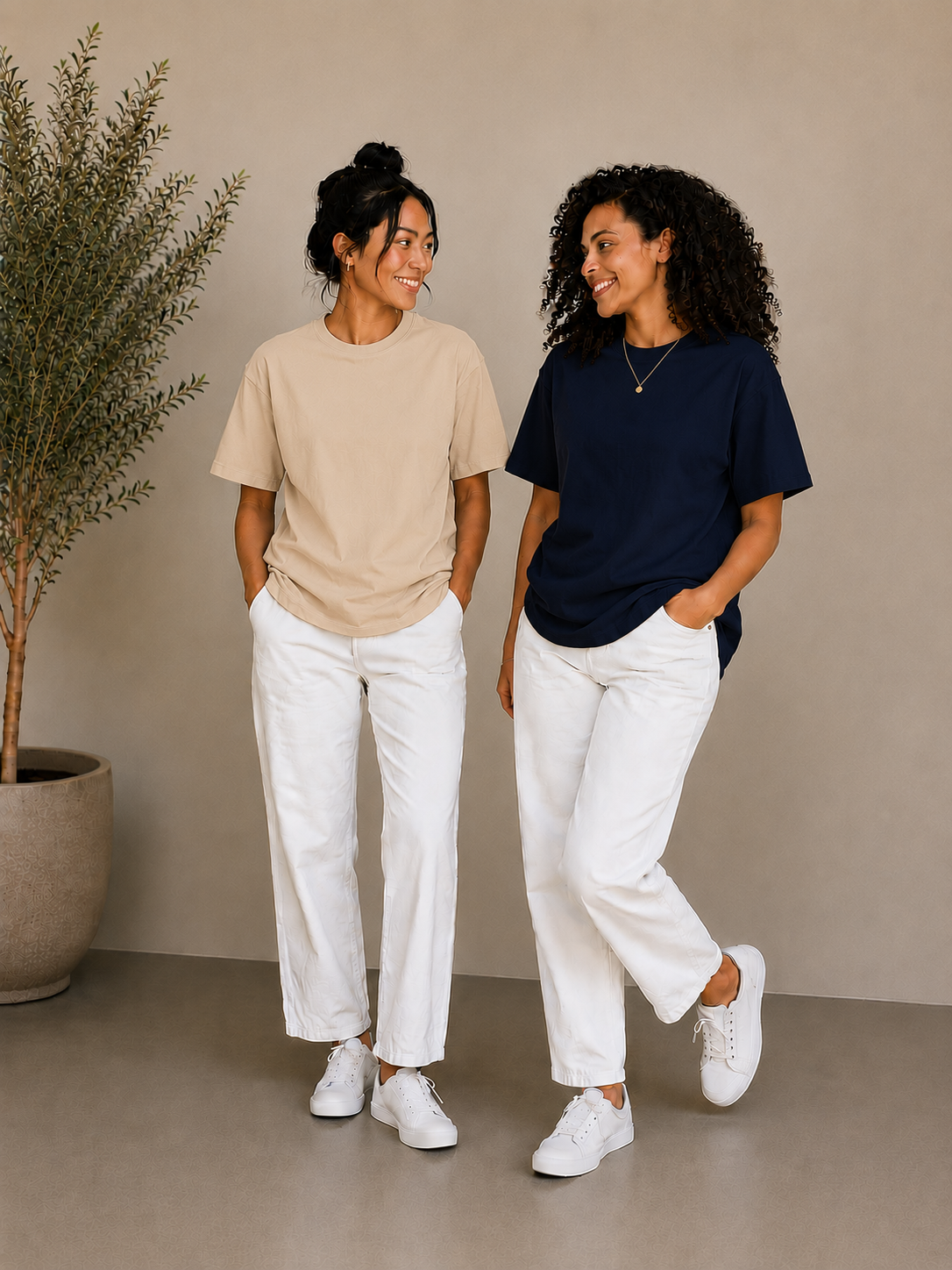 2 Adet Kadın Oversize Bej %100 Pamuk T-Shirt
