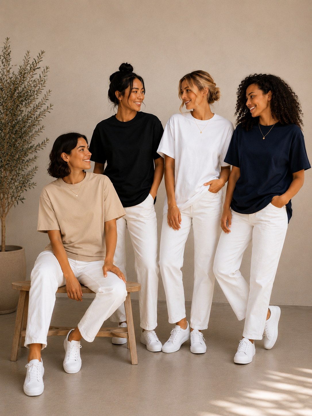 4 Adet Kadın Oversize %100 Pamuk Bej T-Shirt