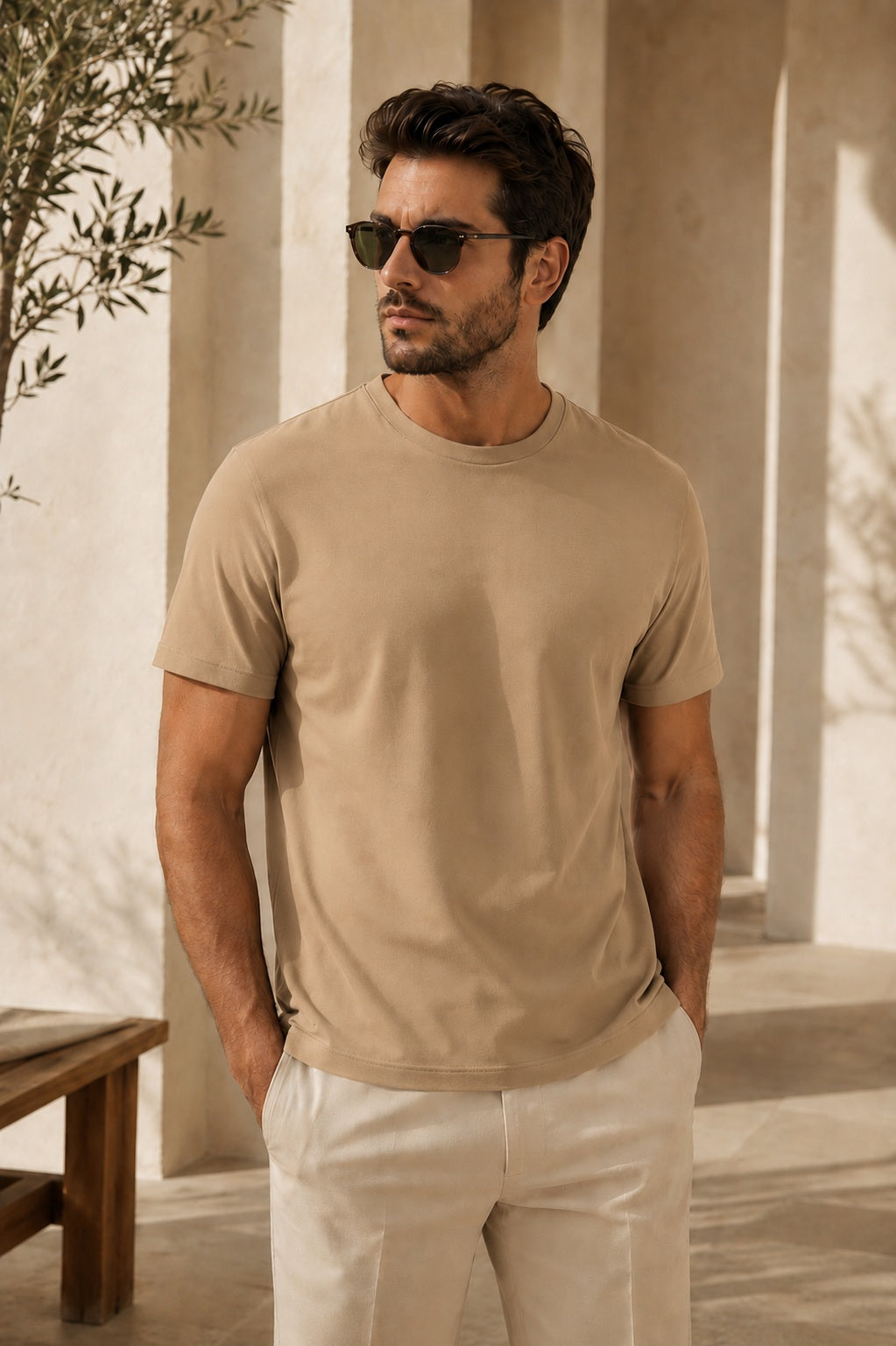 Erkek Slim Fit %100 Pamuk Bej T-Shirt