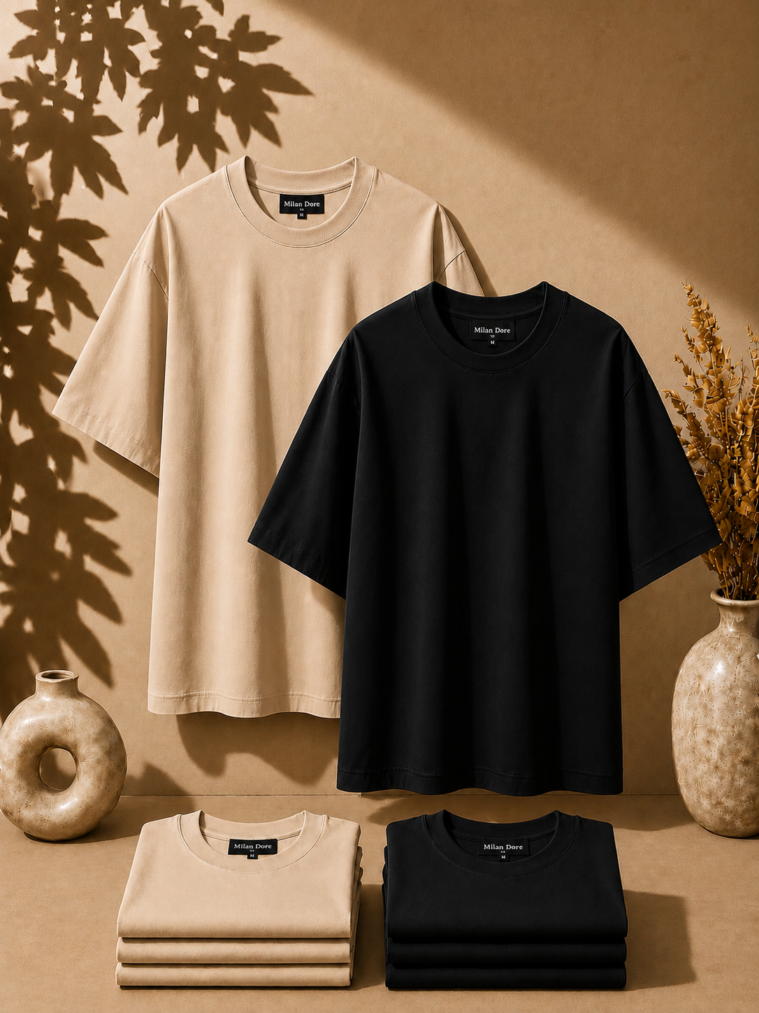 2 Adet Erkek Oversize %100 Pamuk Bej T-Shirt