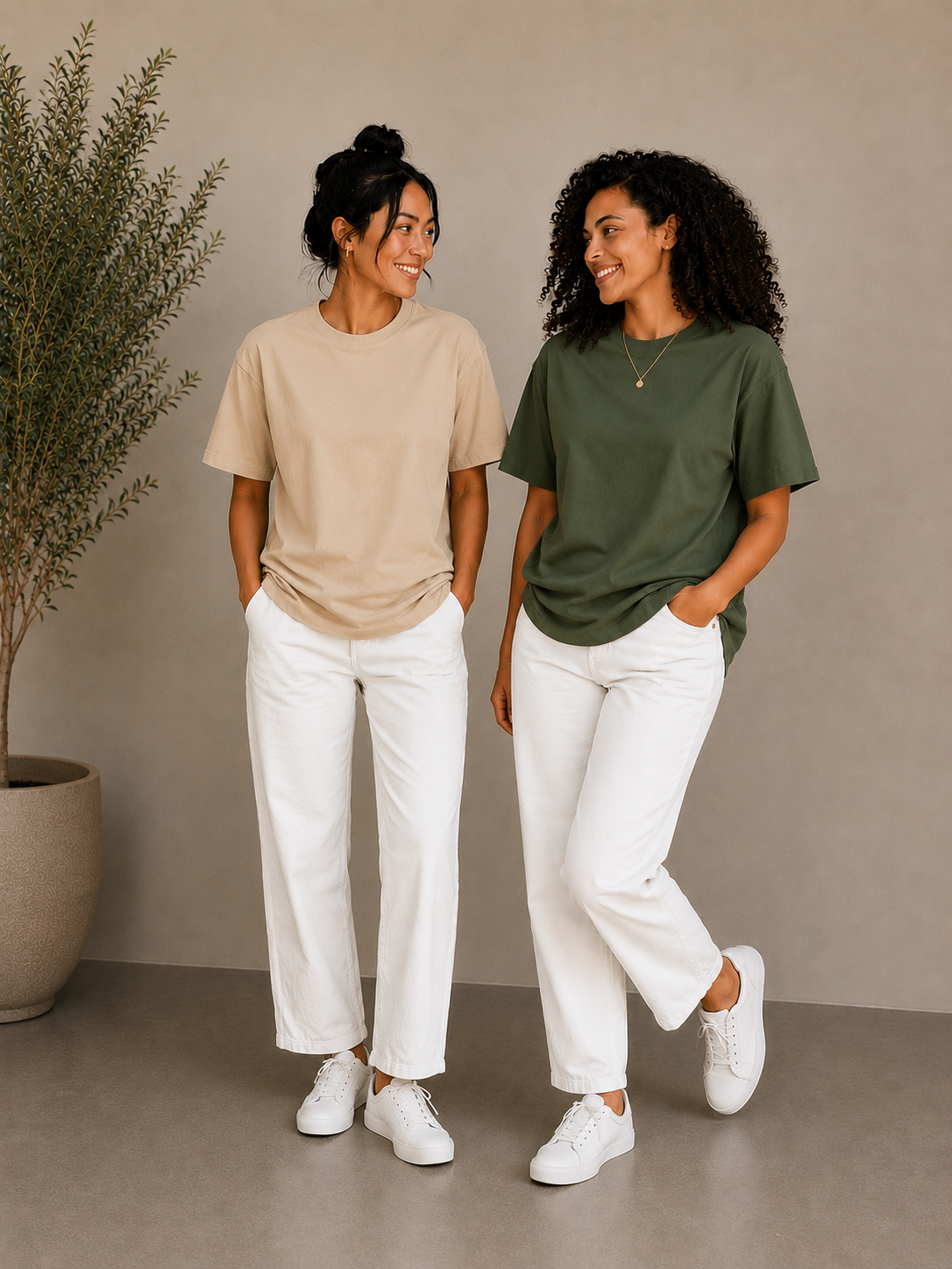 2 Adet Kadın Oversize Bej %100 Pamuk T-Shirt