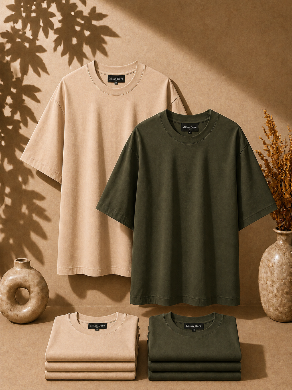 2 Adet Erkek Oversize %100 Pamuk Bej T-Shirt