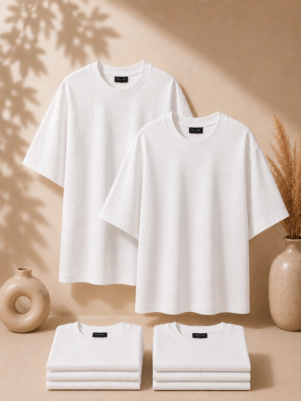 2 Adet Erkek Oversize %100 Pamuk Bej T-Shirt