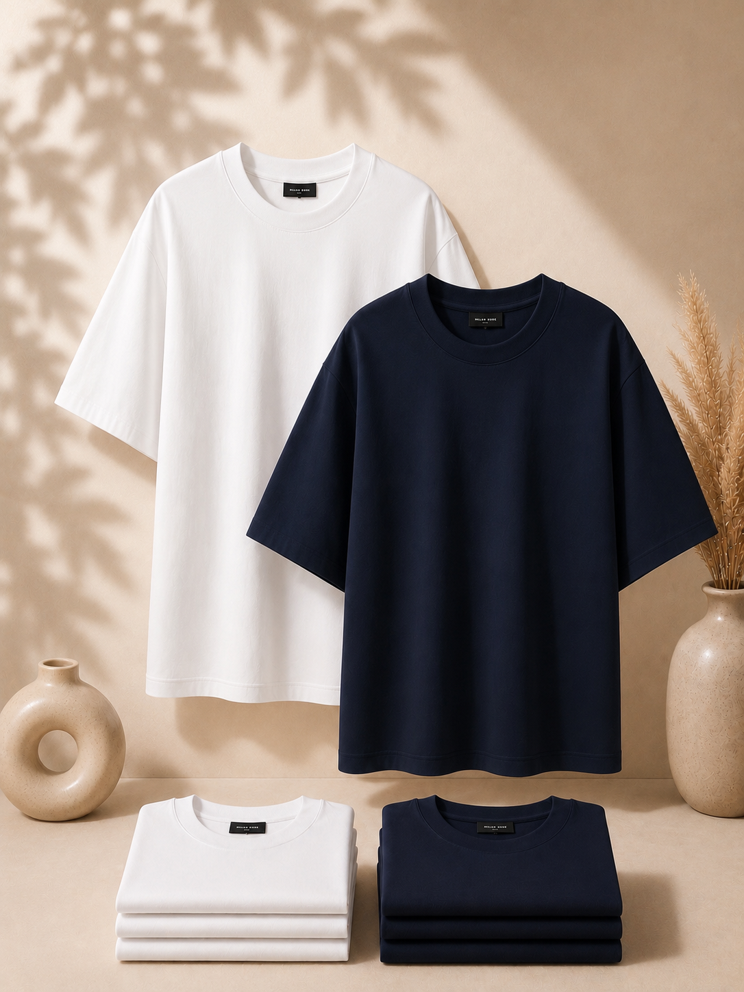 2 Adet Erkek Oversize %100 Pamuk Bej T-Shirt