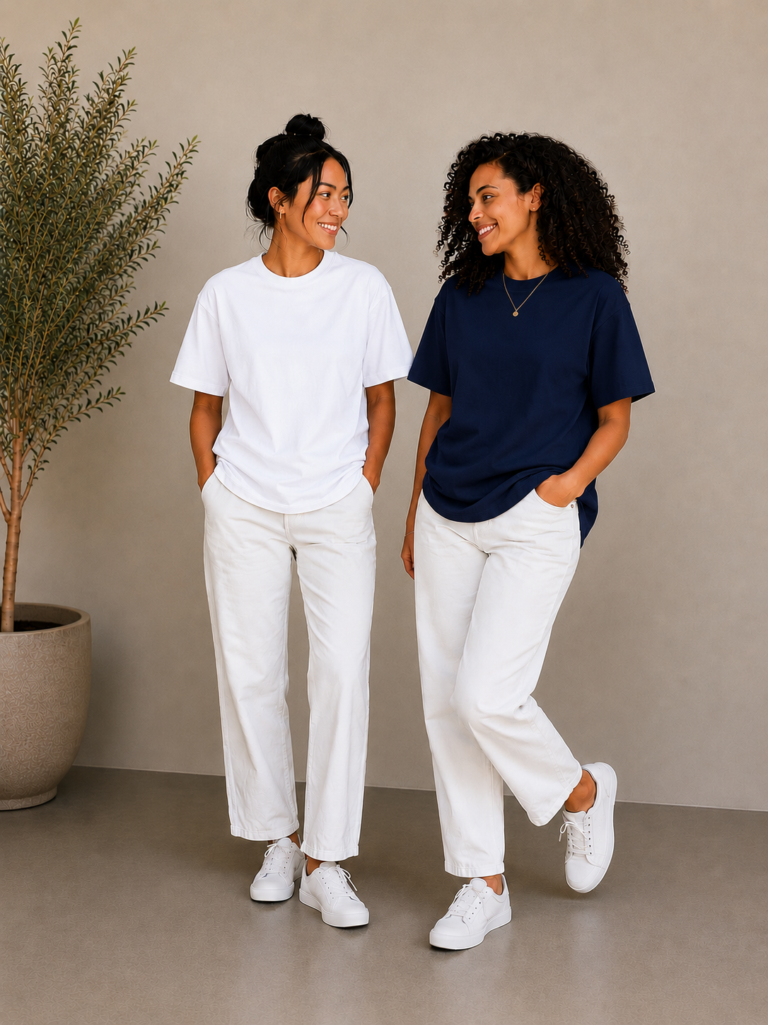 2 Adet Kadın Oversize Bej %100 Pamuk T-Shirt