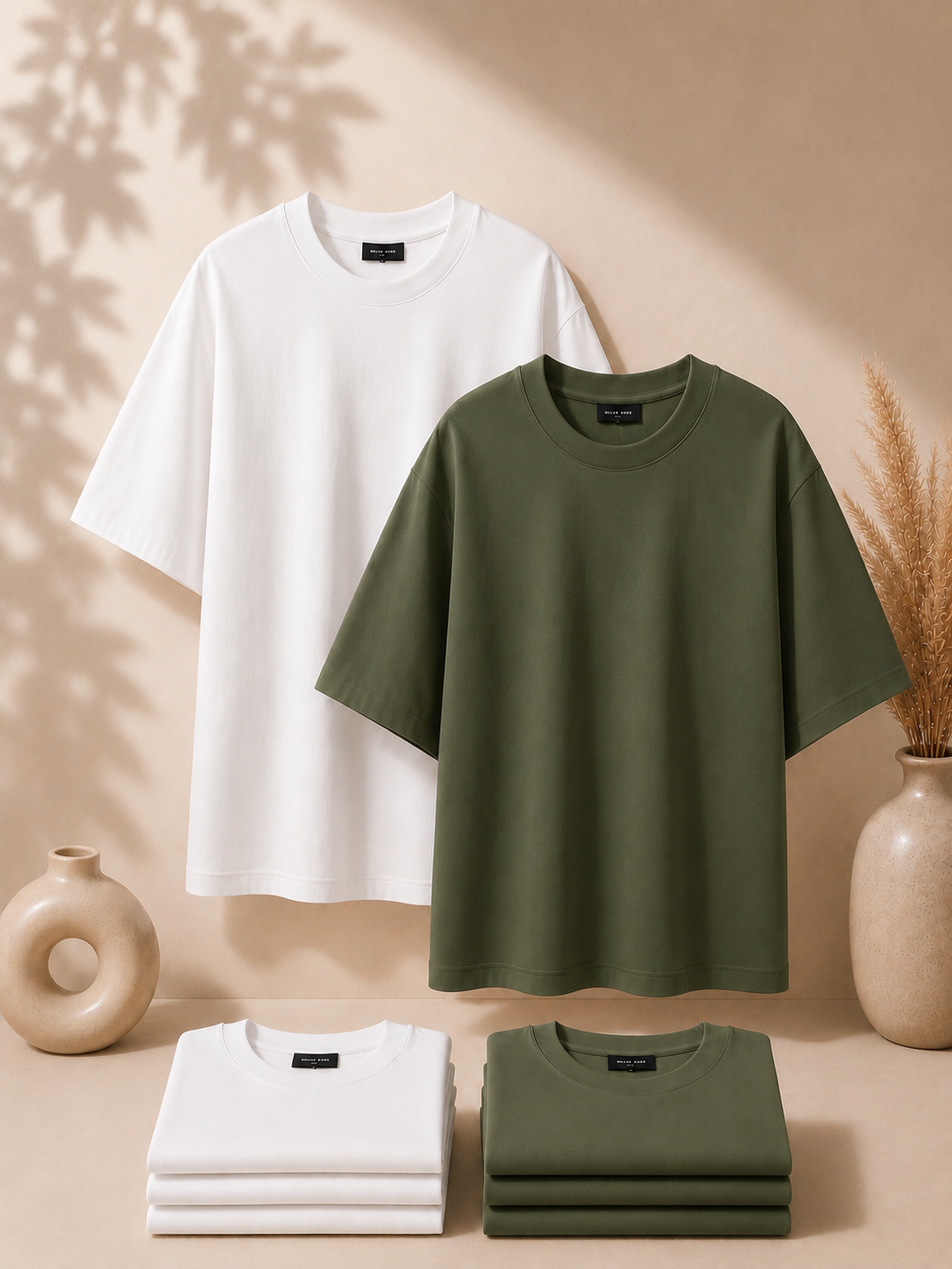2 Adet Erkek Oversize %100 Pamuk Bej T-Shirt