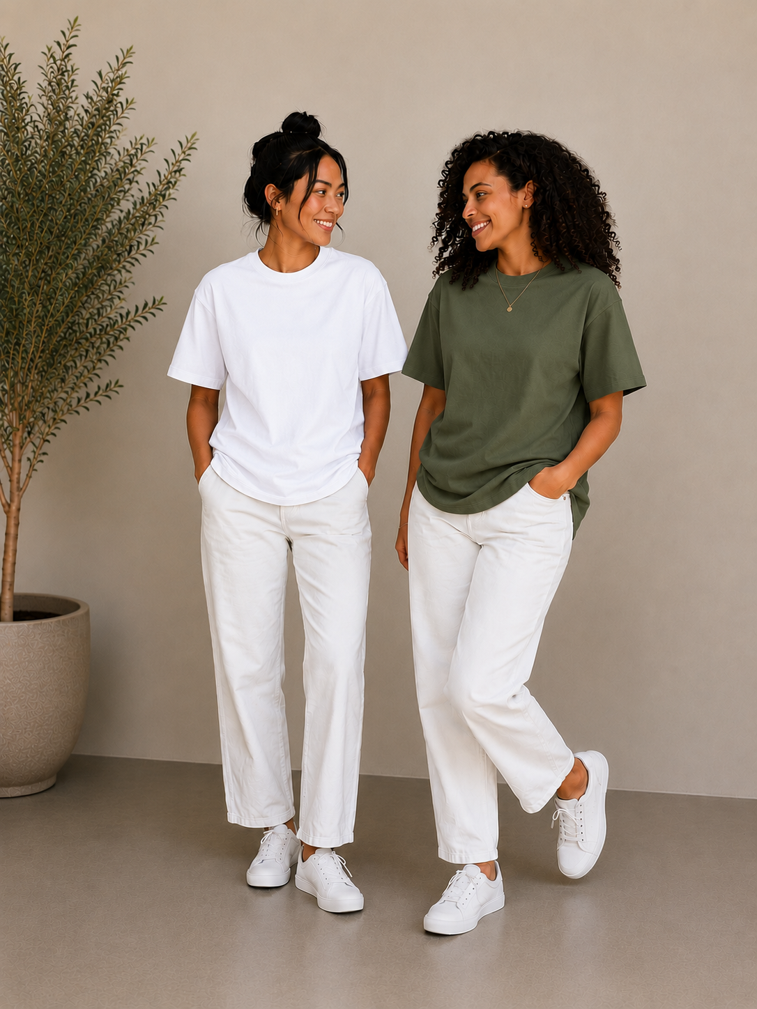 2 Adet Kadın Oversize Bej %100 Pamuk T-Shirt