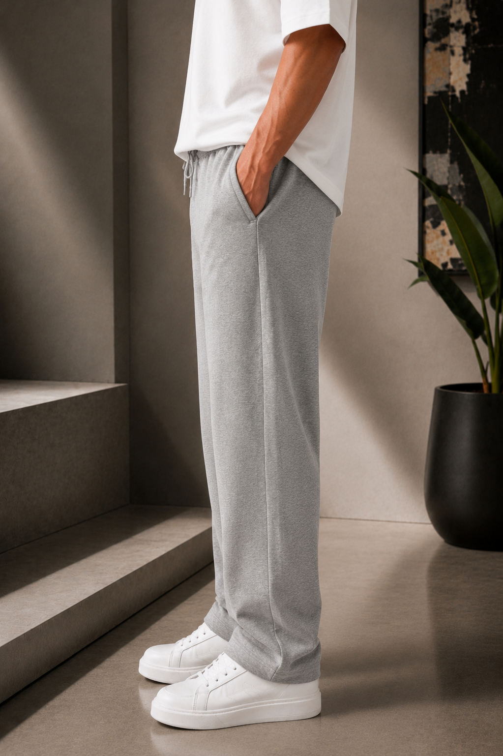 Erkek Gri Beli Lastikli Yanları Cepli Relaxed Fit Eşofman Altı