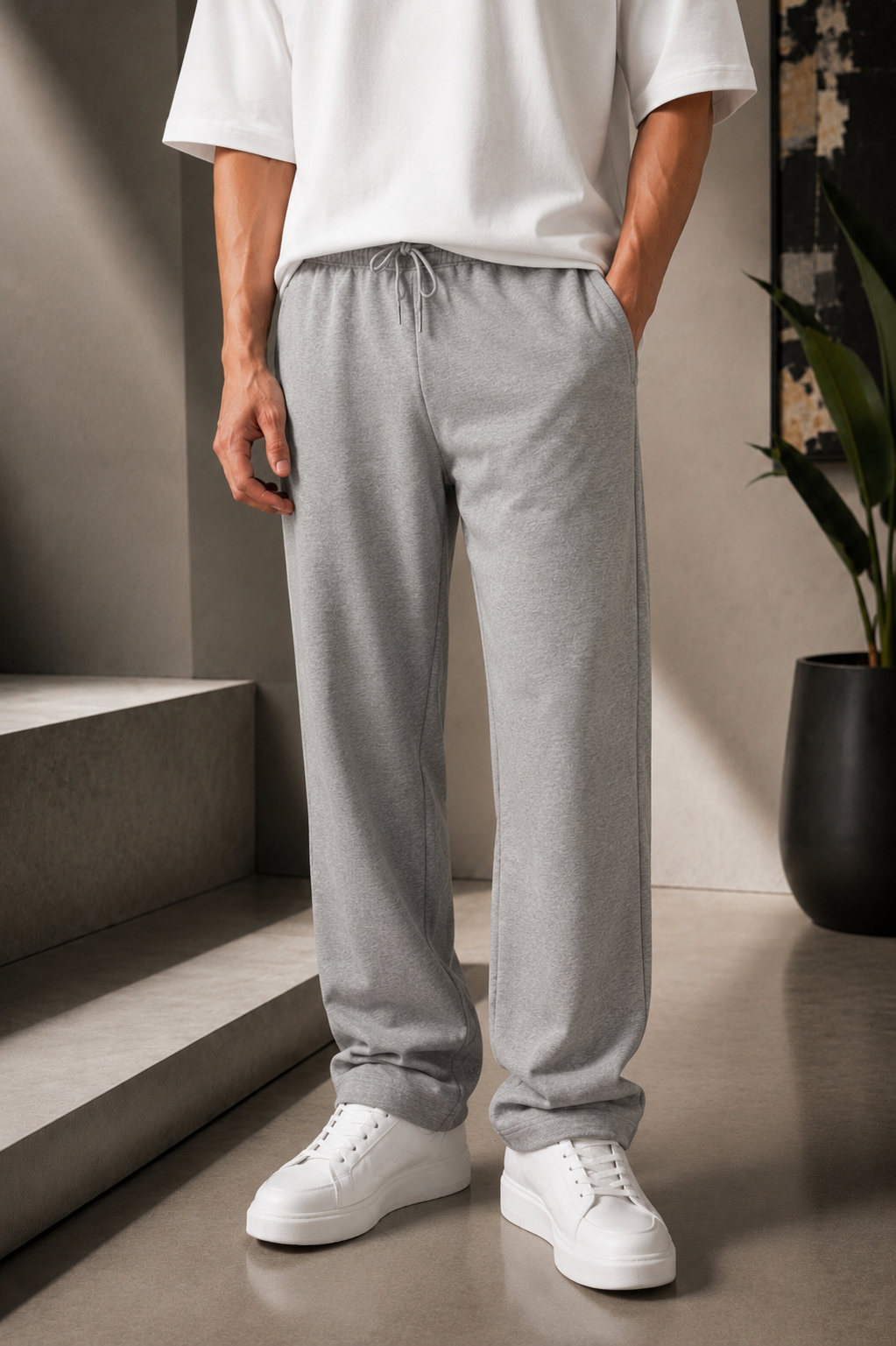Erkek Gri Beli Lastikli Yanları Cepli Relaxed Fit Eşofman Altı