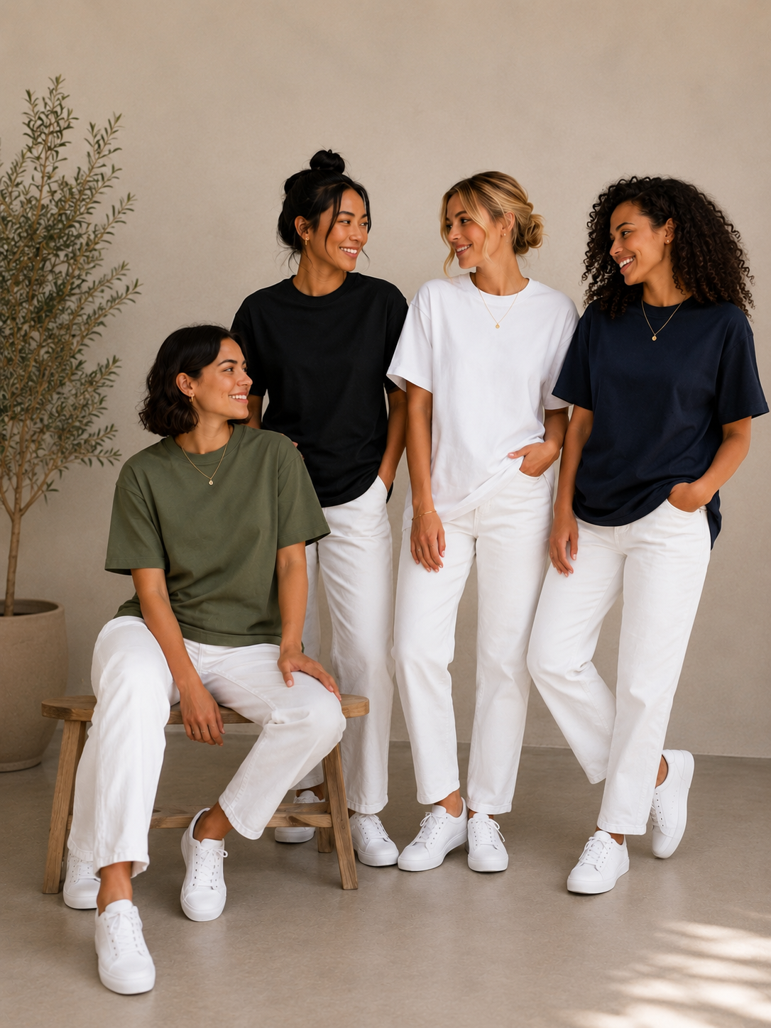 4 Adet Kadın Oversize %100 Pamuk Bej T-Shirt