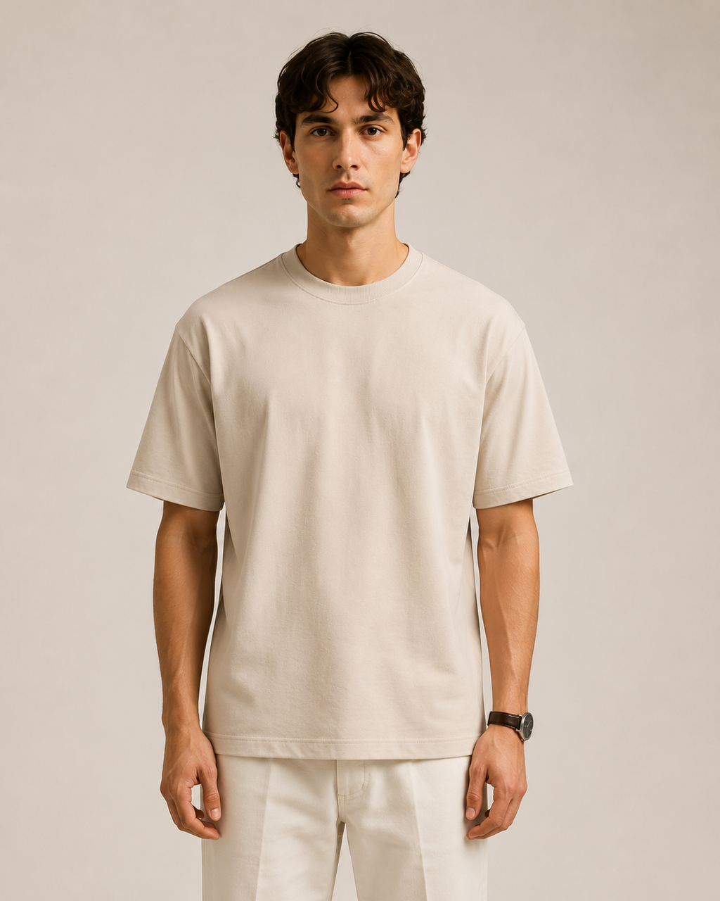 Erkek Oversize %100 Pamuk Bej T-Shirt