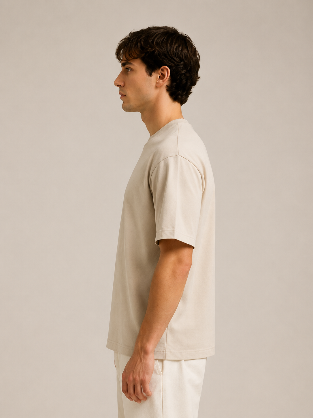 Erkek Oversize %100 Pamuk Bej T-Shirt