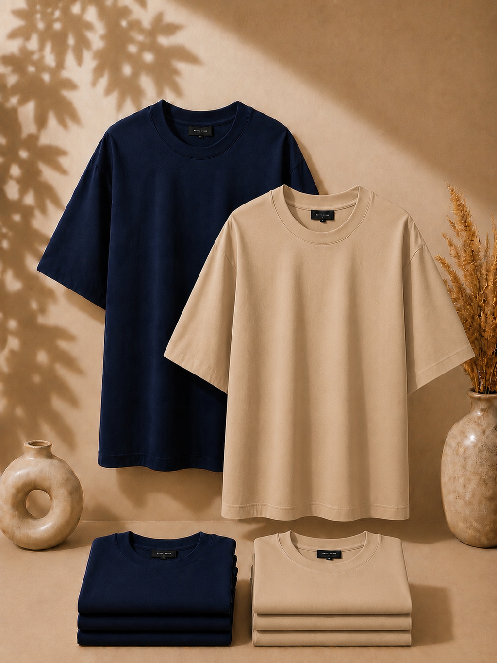 2 Adet Erkek Oversize %100 Pamuk Bej T-Shirt