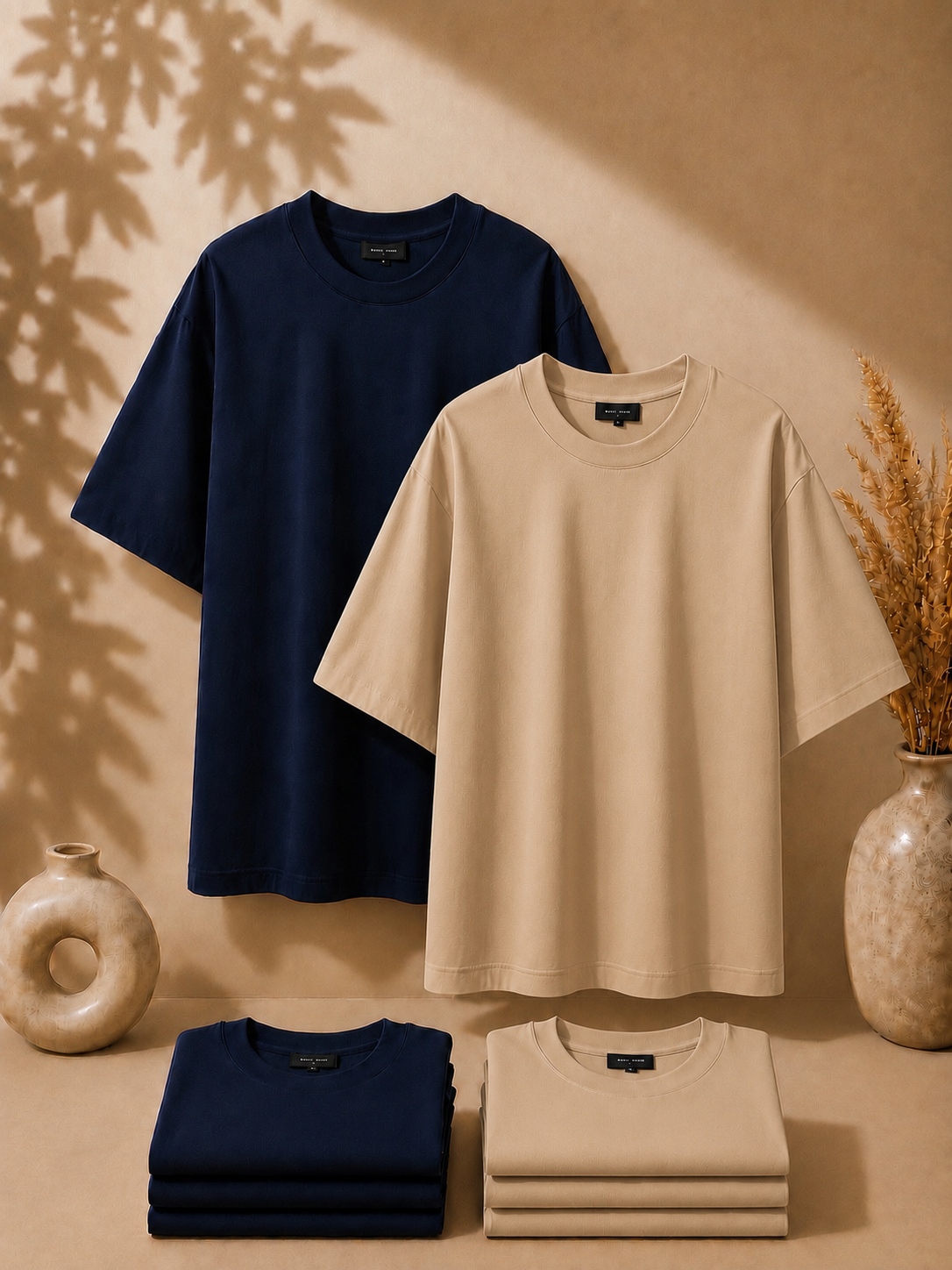 2 Adet Erkek Oversize %100 Pamuk Bej T-Shirt