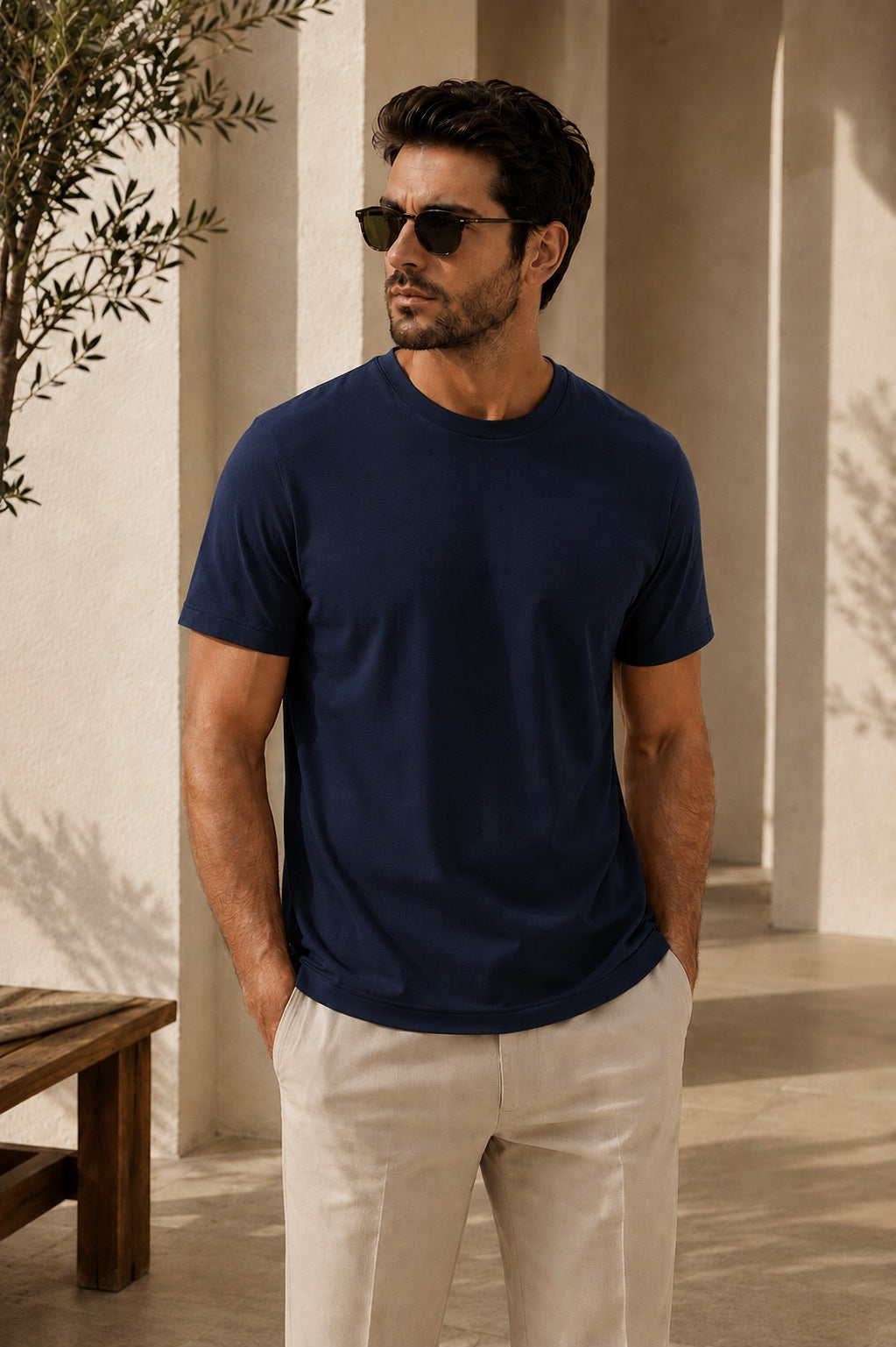 Erkek Slim Fit %100 Pamuk Lacivert T-Shirt