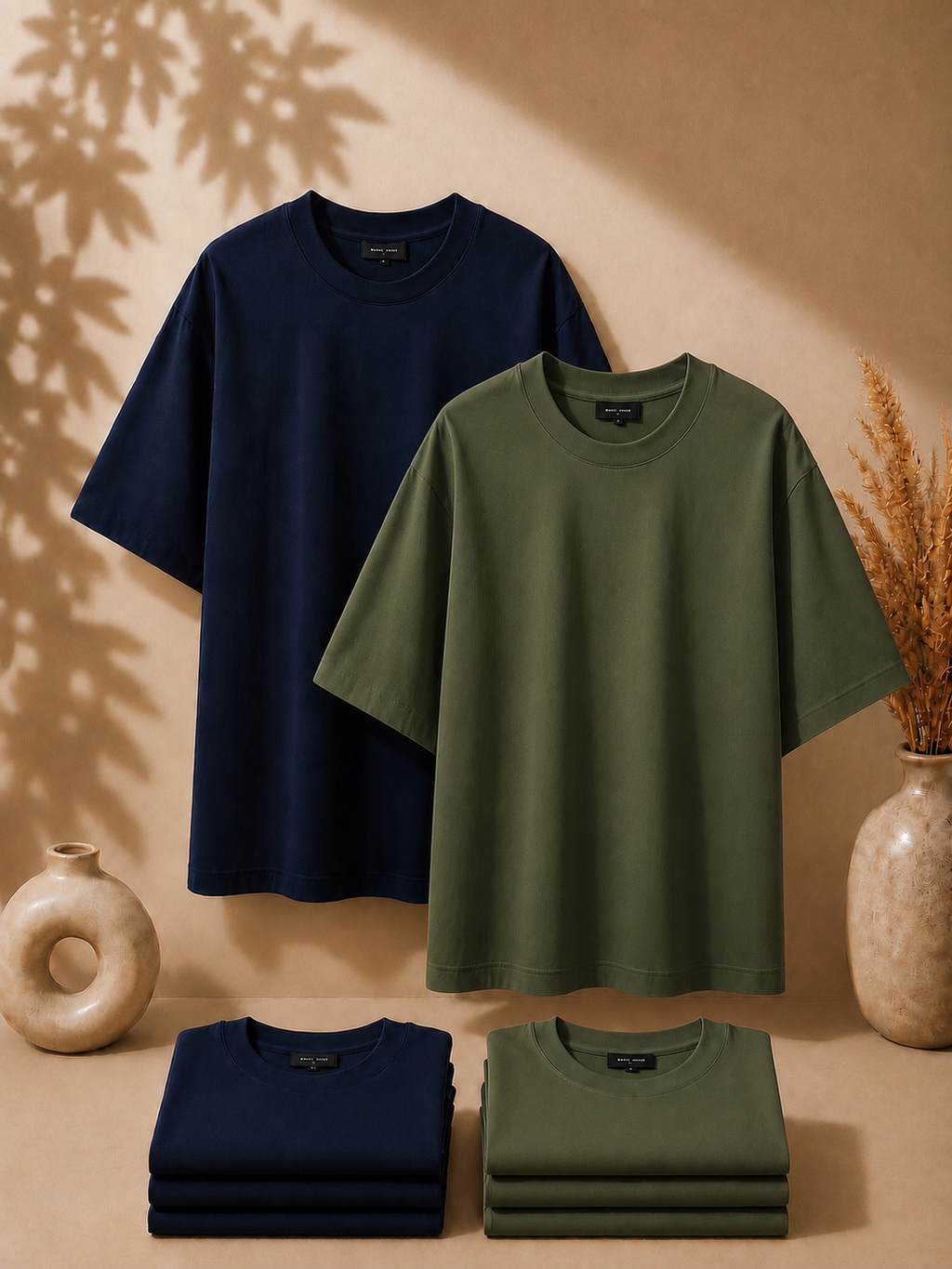 2 Adet Erkek Oversize %100 Pamuk Bej T-Shirt