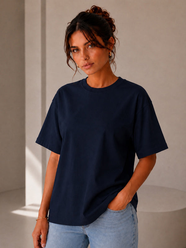 Kadın Oversize Lacivert %100 Pamuk T-Shirt
