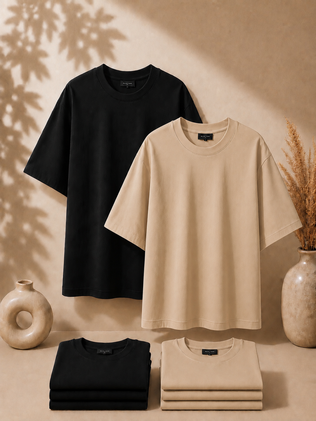 2 Adet Erkek Oversize %100 Pamuk Bej T-Shirt