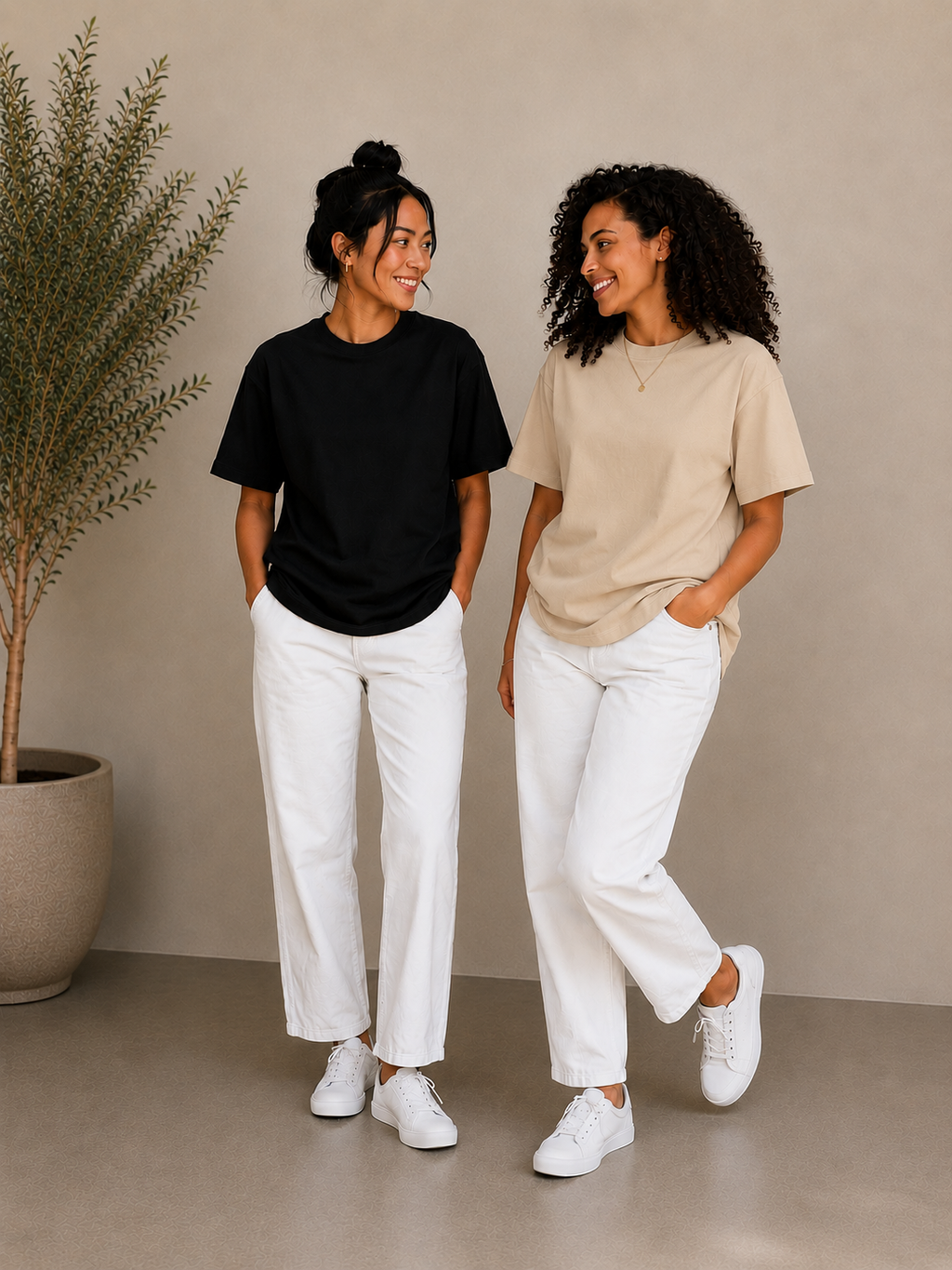 2 Adet Kadın Oversize Bej %100 Pamuk T-Shirt