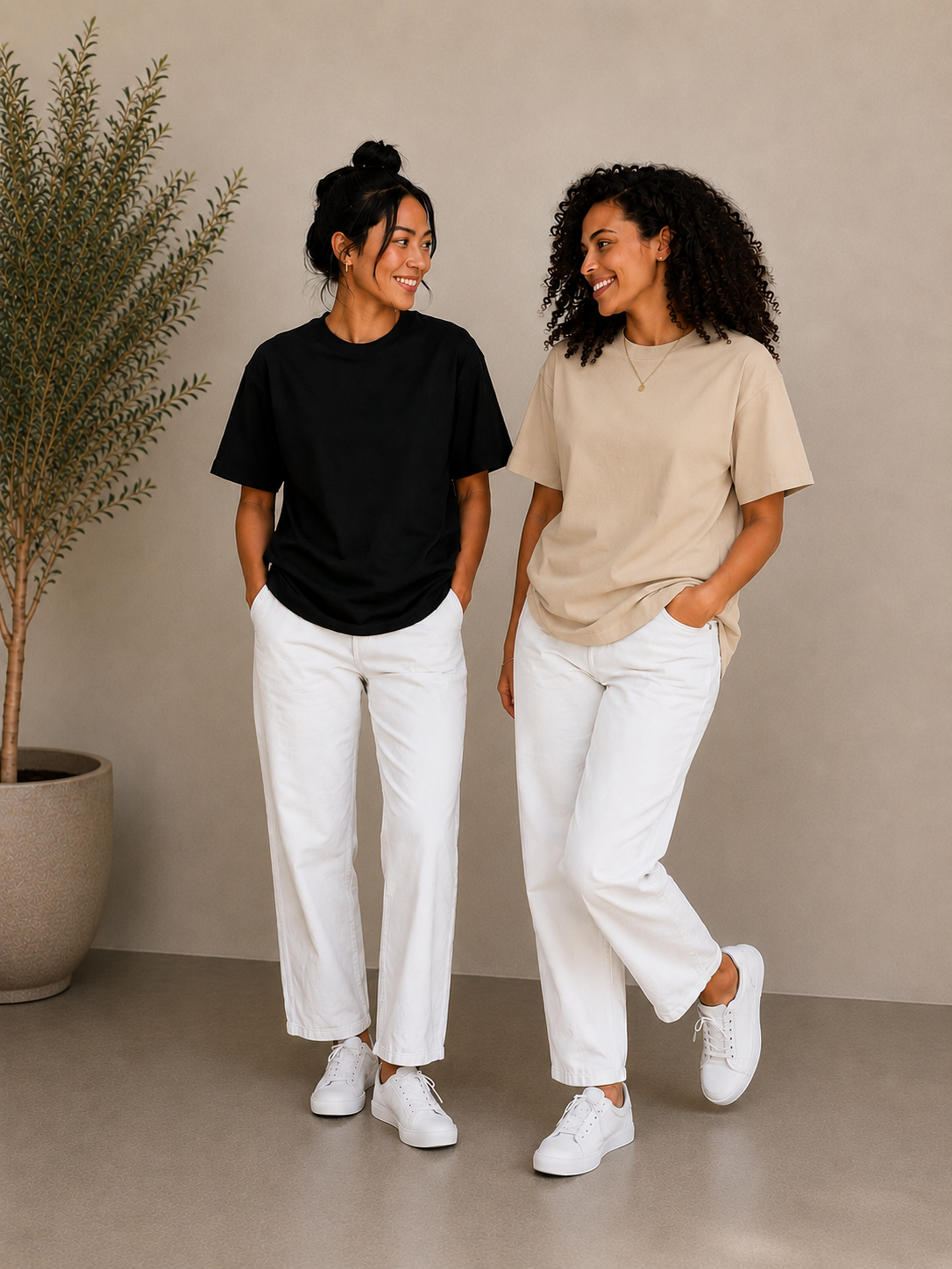 2 Adet Kadın Oversize Bej %100 Pamuk T-Shirt
