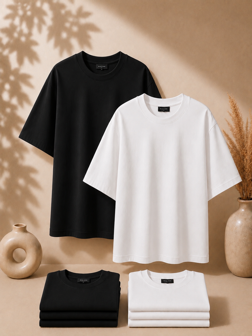 2 Adet Erkek Oversize %100 Pamuk Bej T-Shirt