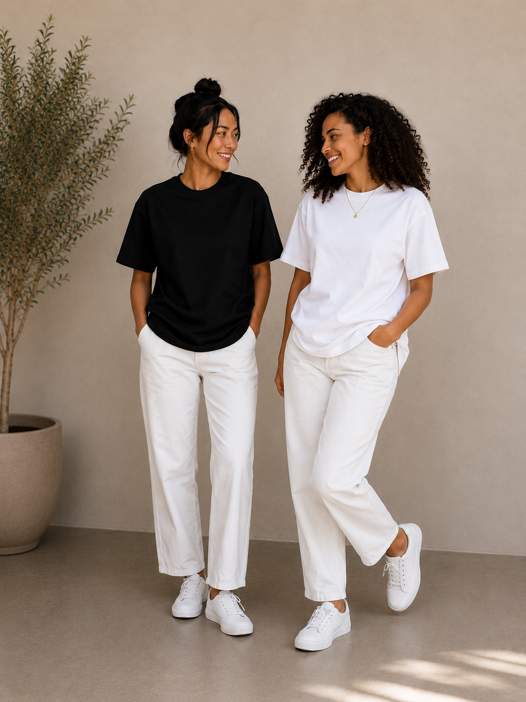 2 Adet Kadın Oversize Bej %100 Pamuk T-Shirt