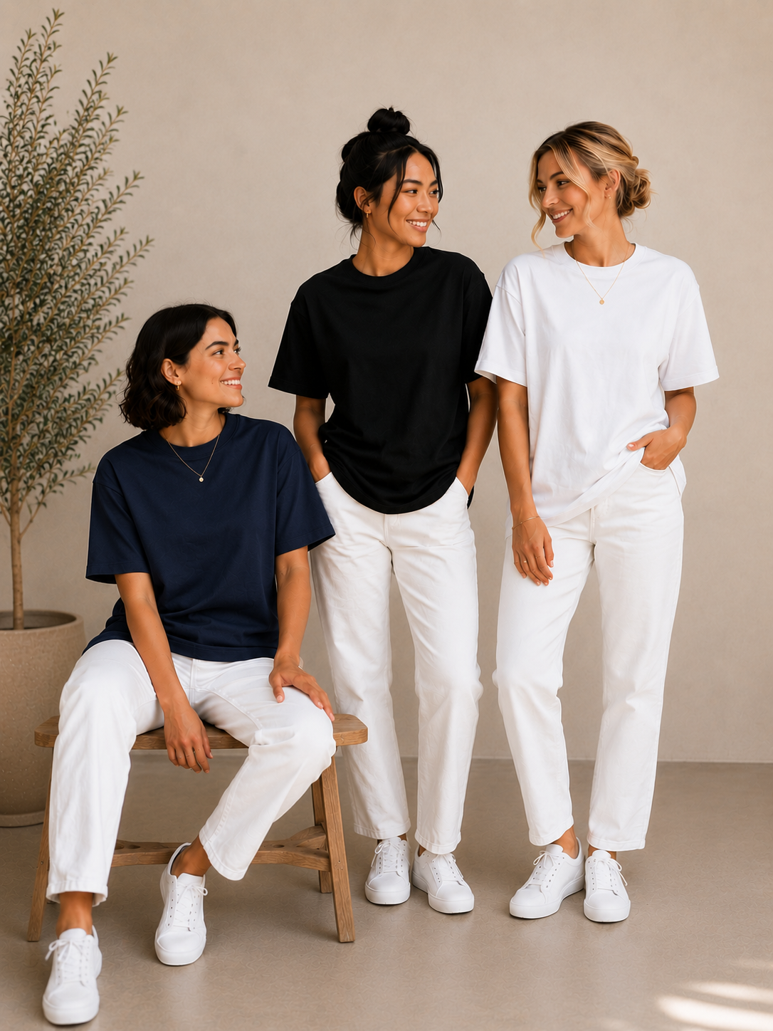 3 Adet Kadın Oversize Bej %100 Pamuk T-Shirt