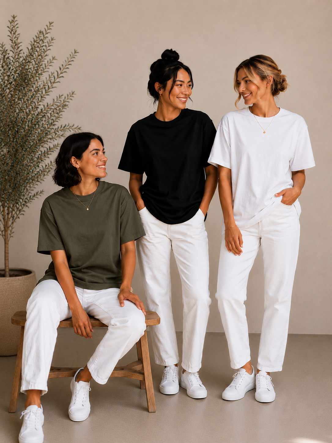 3 Adet Kadın Oversize Bej %100 Pamuk T-Shirt
