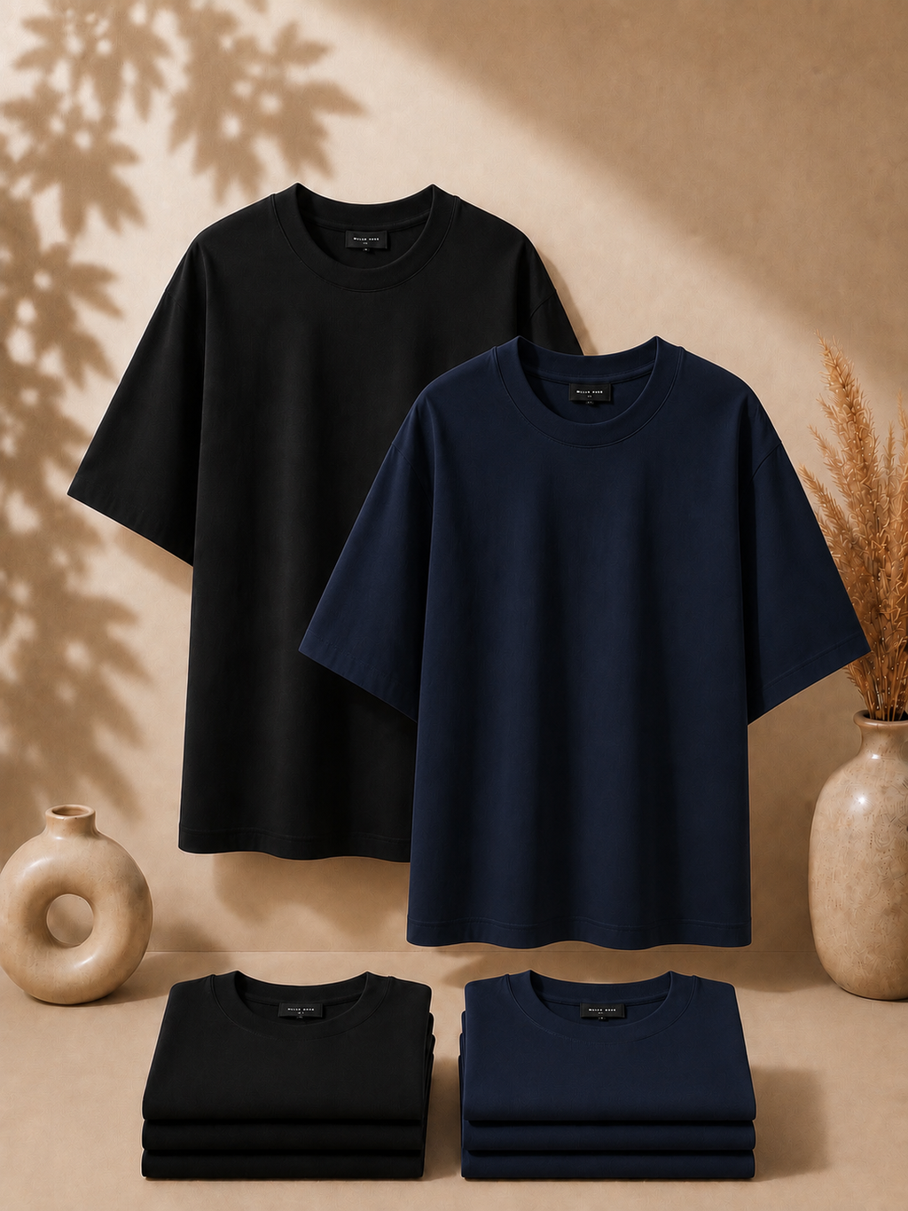 2 Adet Erkek Oversize %100 Pamuk Bej T-Shirt