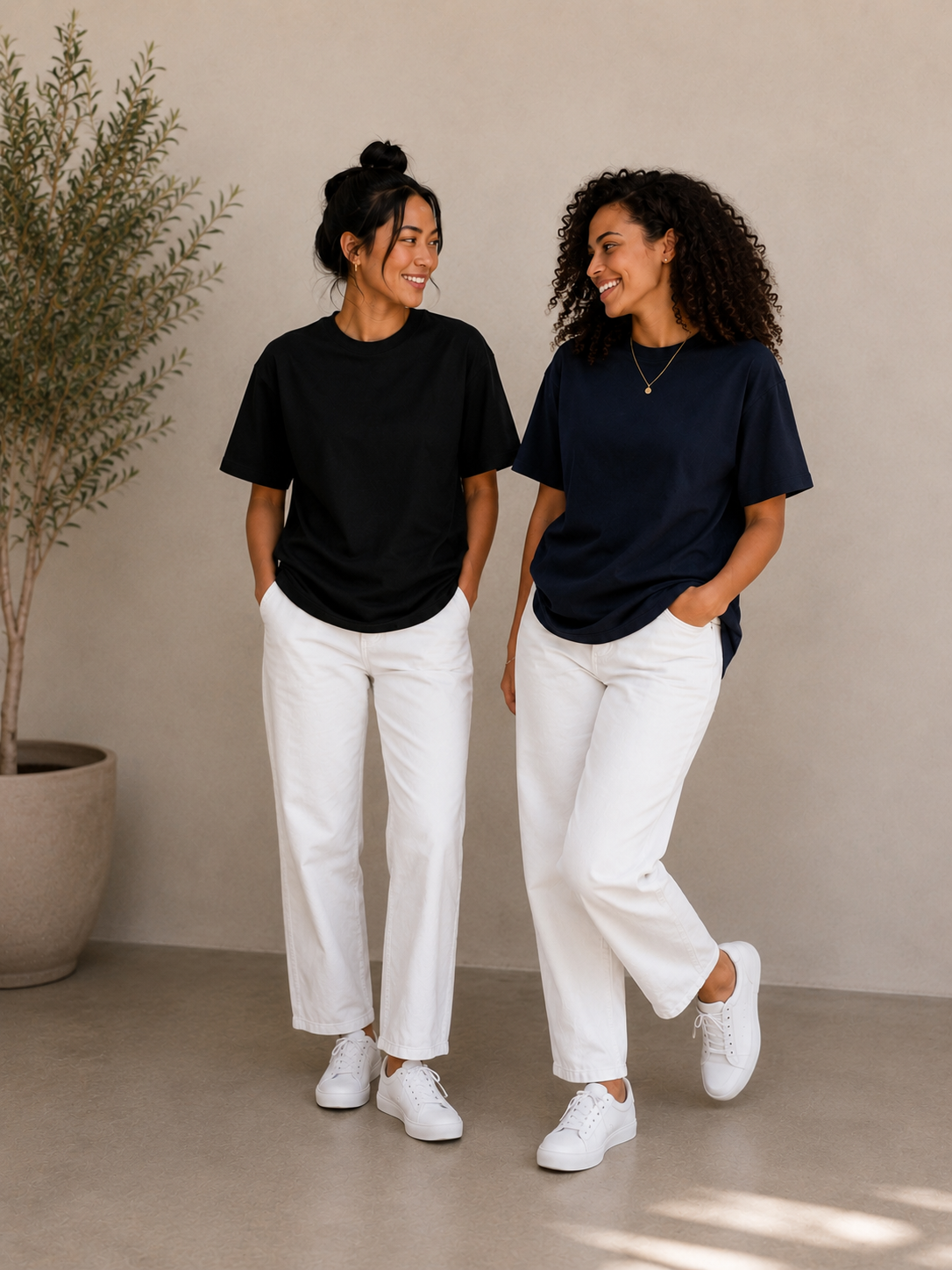 2 Adet Kadın Oversize Bej %100 Pamuk T-Shirt