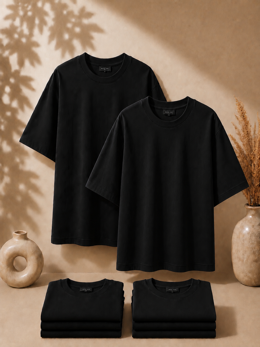 2 Adet Erkek Oversize %100 Pamuk Bej T-Shirt