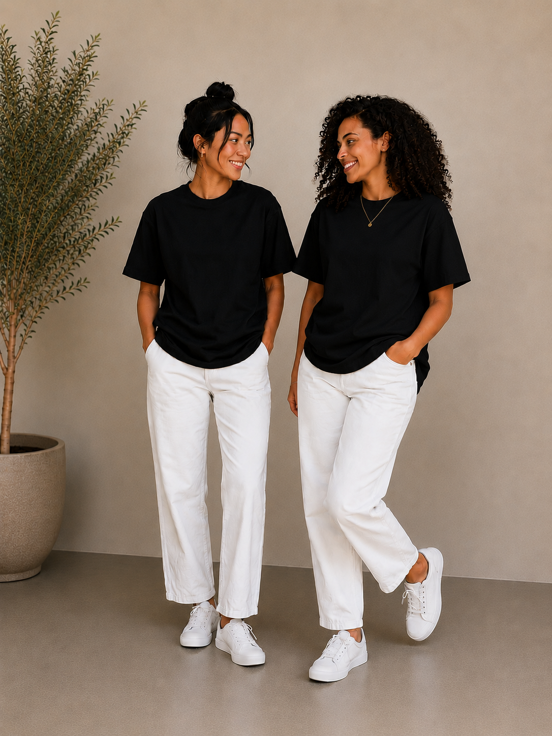 2 Adet Kadın Oversize Bej %100 Pamuk T-Shirt