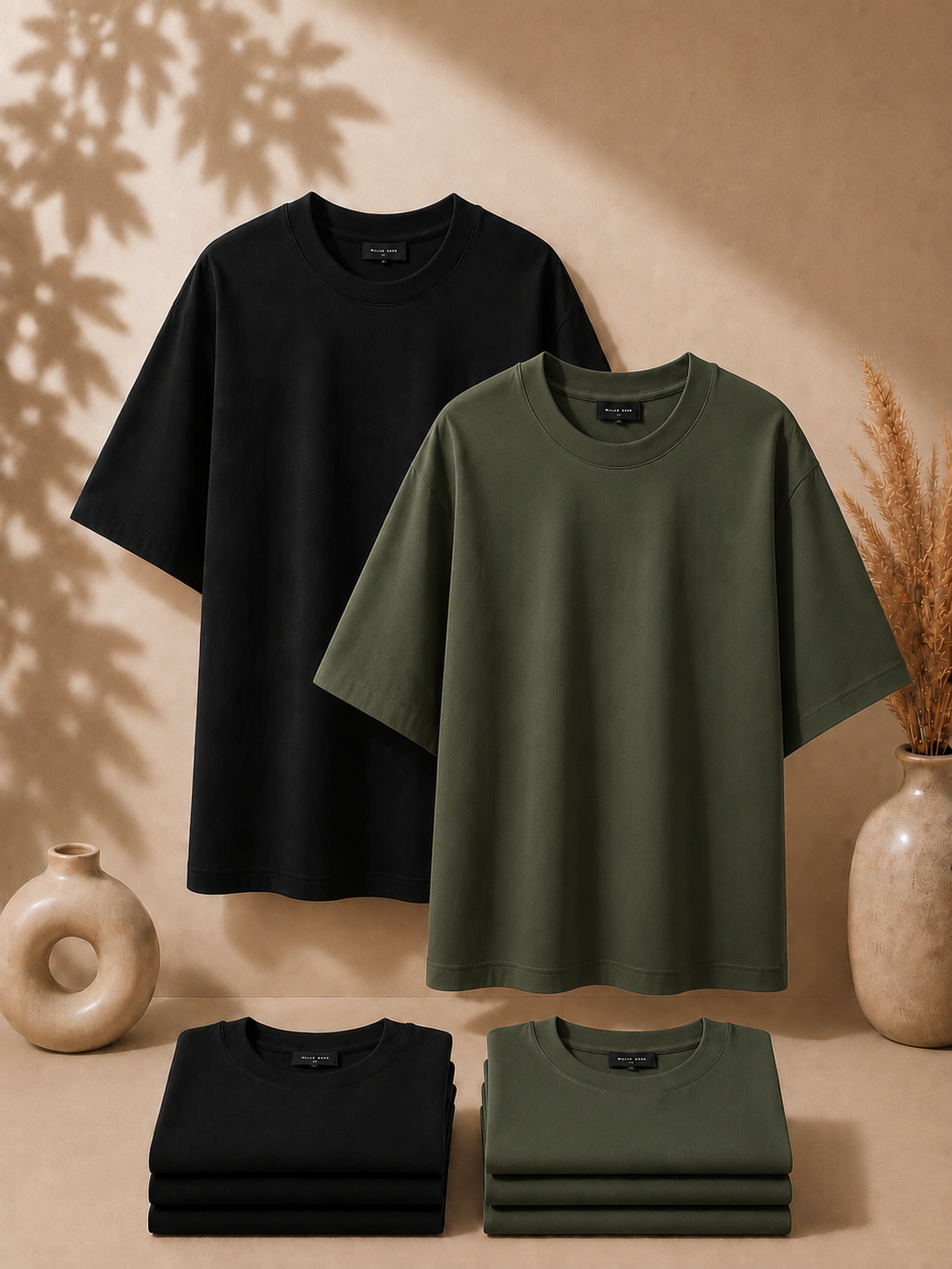 2 Adet Erkek Oversize %100 Pamuk Bej T-Shirt