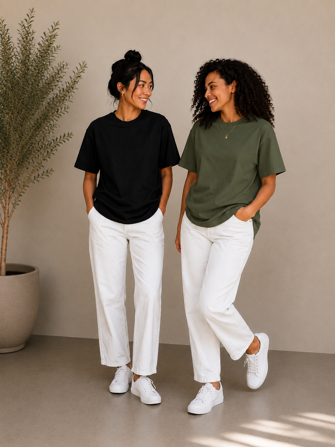 2 Adet Kadın Oversize Bej %100 Pamuk T-Shirt