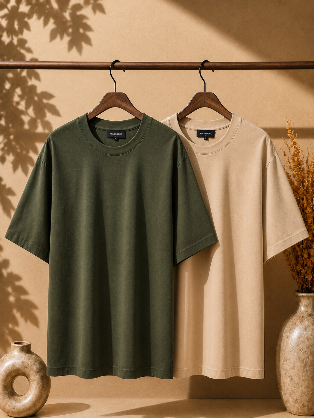 2 Adet Erkek Oversize %100 Pamuk Bej T-Shirt