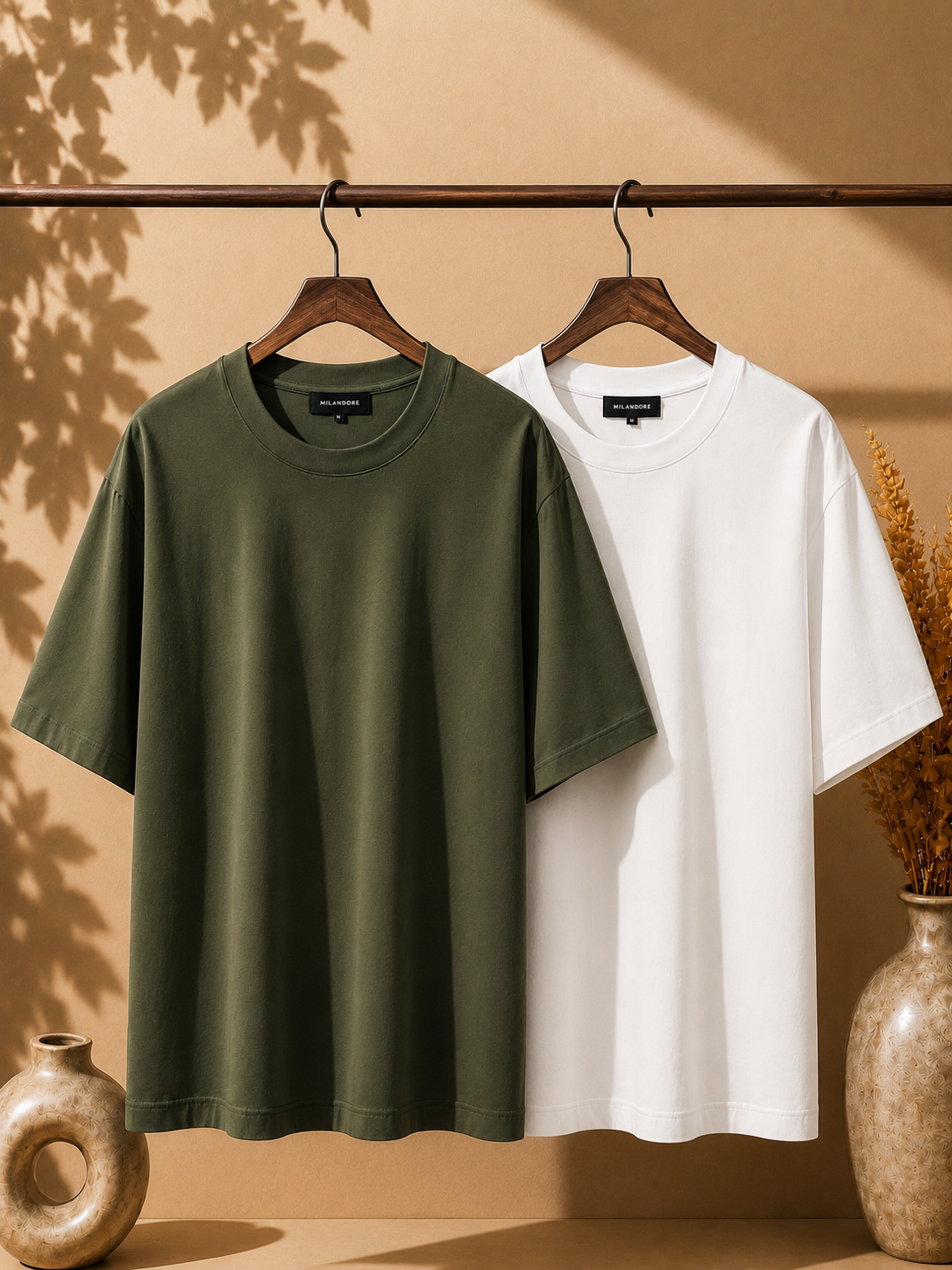 2 Adet Erkek Oversize %100 Pamuk Bej T-Shirt