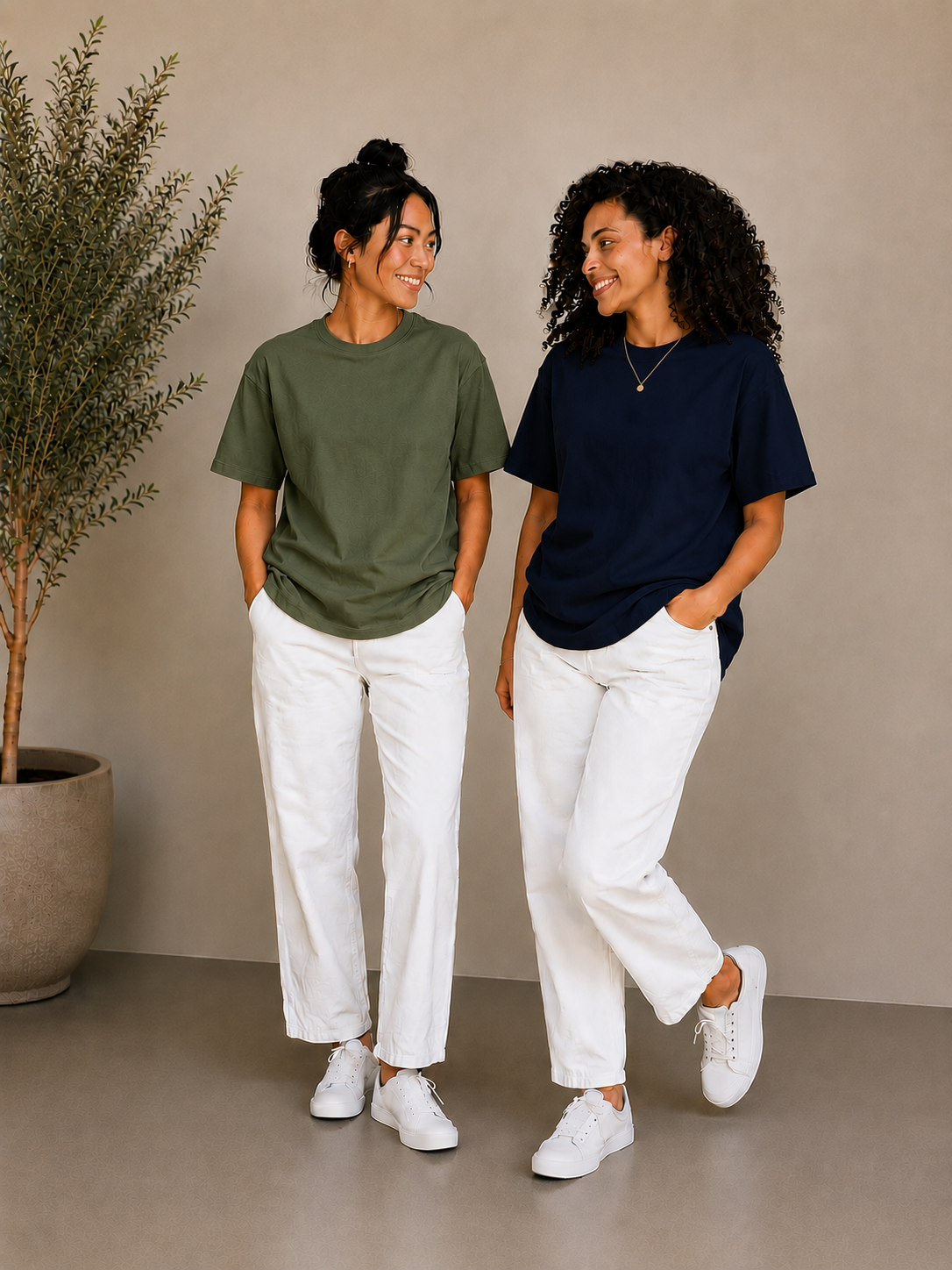 2 Adet Kadın Oversize Bej %100 Pamuk T-Shirt
